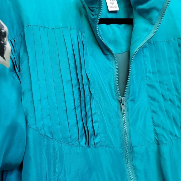 Vintage 90's 100% Silk Bright Turquoise Full Zip Retro Athleisure Jacket - Picture 6 of 16